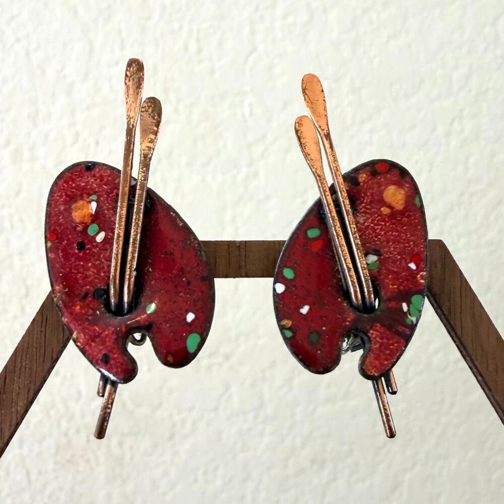 Matisse Renoir Copper Enamel Artist Palette Earrings Mid Century Modern